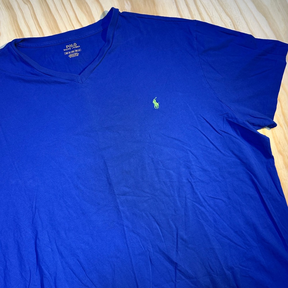 Polo Ralph Lauren Mens 3XB Blue V-Neck T-Shirt Green Pony Logo Big & Tall